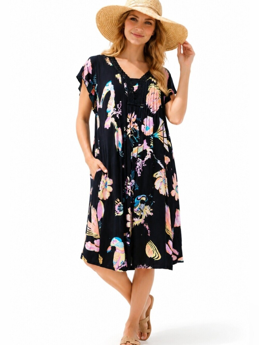 Tribal Femme Woman' Vacation Dress Size Medium Black Tropical Bird Floral Print